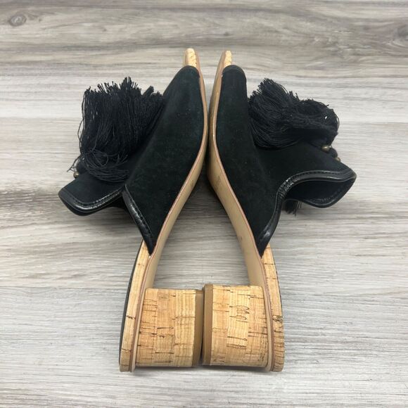 DONALD J PLINER SUEDE TASSLE MULES BLACK Size 6.5 M SLIP ON CUTE BLOCK HEEL - Picture 2 of 11